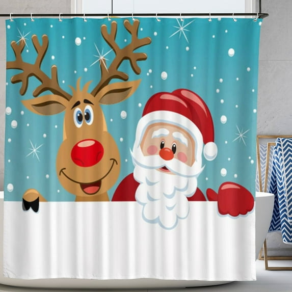 Christmas Shower Curtain Kids Shower Curtain Waterproof Bathroom Showers Curtain Blue White Shower Curtain with Hooks 72"X72"