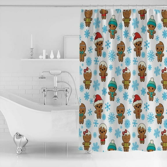 Christmas Shower Curtain Merry Christams Cute Gingerbread Man Snowflake Christmas Shower Curtains for Bathroom Decor For Christmas Decoration Bath Curtains Sets with Hooks Small Stall 36" x 72"