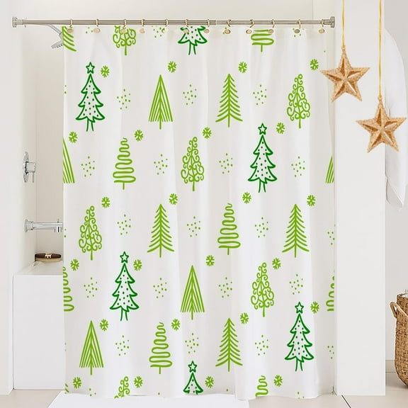Christmas Shower Curtain Merry Christmas Green Tree Shower Curtain Xmas Pine Green and White Shower Curtain for Bathroom Decor, Waterproof Winter Fabric Bath Curtain with 12 Hooks, 60x72in