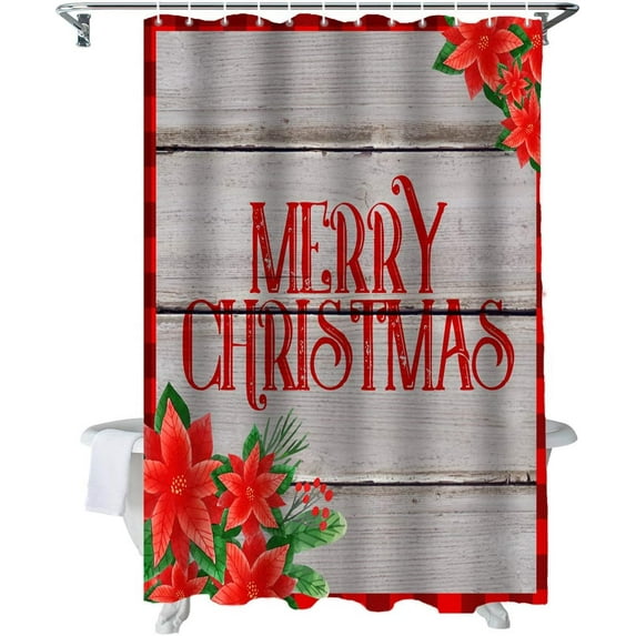 Christmas Shower Curtain Merry Christmas Shower Curtains for Bathroom Decor Christmas Red Poinsettia Flowers Wood Grain Christmas Decoration Bath Curtains Sets with Hooks Waterproof, 72x72 in