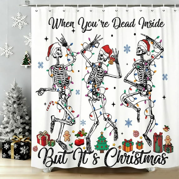Christmas Shower Curtain, Merry Xmas Funny Skull Skeleton Colourful Lamp Christmas Tree Shower Curtain, Winter Holiday Happy New Year Fabric Bathroom Decor Shower Curtains with Hooks,72X72