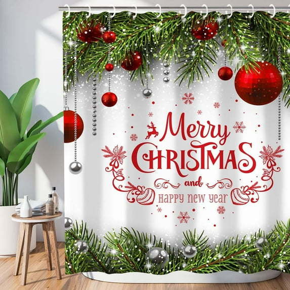 Christmas Shower Curtain Merry Xmas Holiday Backdrop Snowflakes Pine Trees Shower Curtains Sets Polyester Waterproof Fabric Washable Decorative Bathroom Curtain 72" x 72" with 12 Hooks