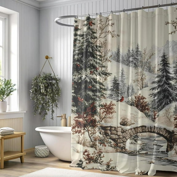 Christmas Shower Curtain with Mountain Scene, Winter Evergreens & Cardinal, Toile Aesthetic Decor, Bathroom Refresh Holiday Gift, Seasonal Shower Curtain 60x72in