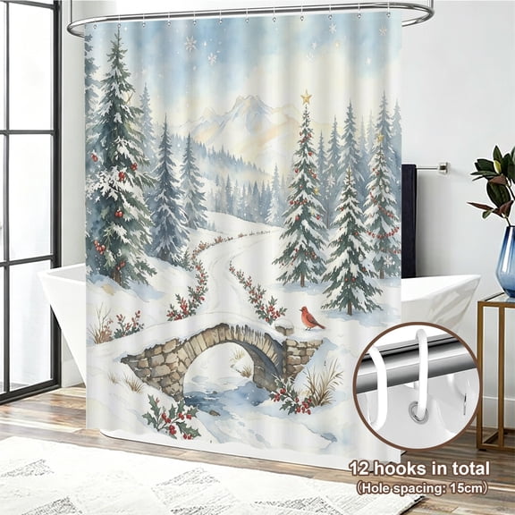 Christmas Shower Curtain with Mountain Scene, Winter Evergreens & Cardinal, Toile Aesthetic Decor, Bathroom Refresh Holiday Gift, Snow Pine Shower Curtain 72x72in