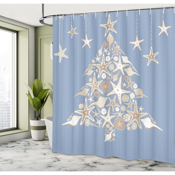 Christmas Shower Curtain, Nautical Elements Sea Life Theme with Noel Tree Winter Season, Cloth Fabric Bathroom Decor, Home Decor Tapestry
