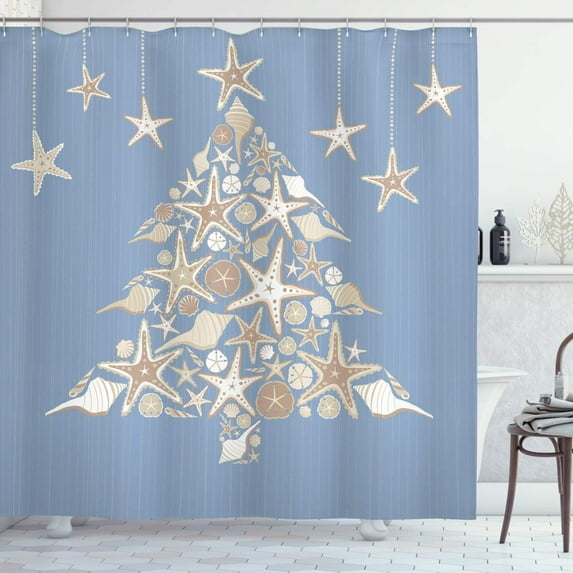 Christmas Shower Curtain, Nautical Elements Sea Life Theme with Noel Tree Winter Season, Cloth Fabric Bathroom Decor, Home Decor Tapestry