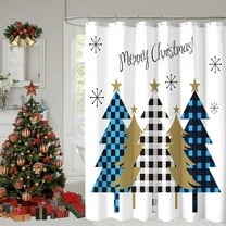 Christmas Shower Curtain, Navy Blue Buffalo Plaid Christmas Tree Shower Curtains for Bathroom Decor, Winter Snowy Forest Holiday Shower Curtain, Xmas Pine Fabric Cloth Bath Curtain, 72 x 72