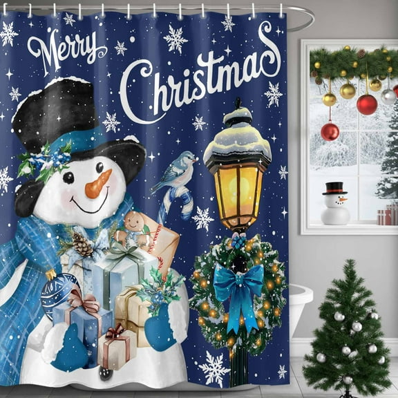 Christmas Shower Curtain Navy Blue Snowman Shower Curtains for Bathroom Winter Xmas Decor, Waterproof Polyester Shower Curtain Set with Hooks Small Stall Long 36" x 72" Merry Christmas Snowflake