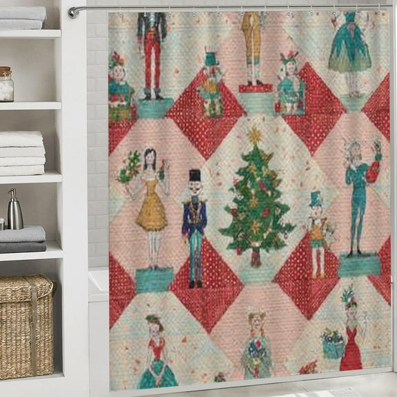 Christmas Shower Curtain, Nutcracker Buffalo Plaid Christmas Curtain with Hooks for Home Bathroom Decor Washable Curtains, 72x72 in