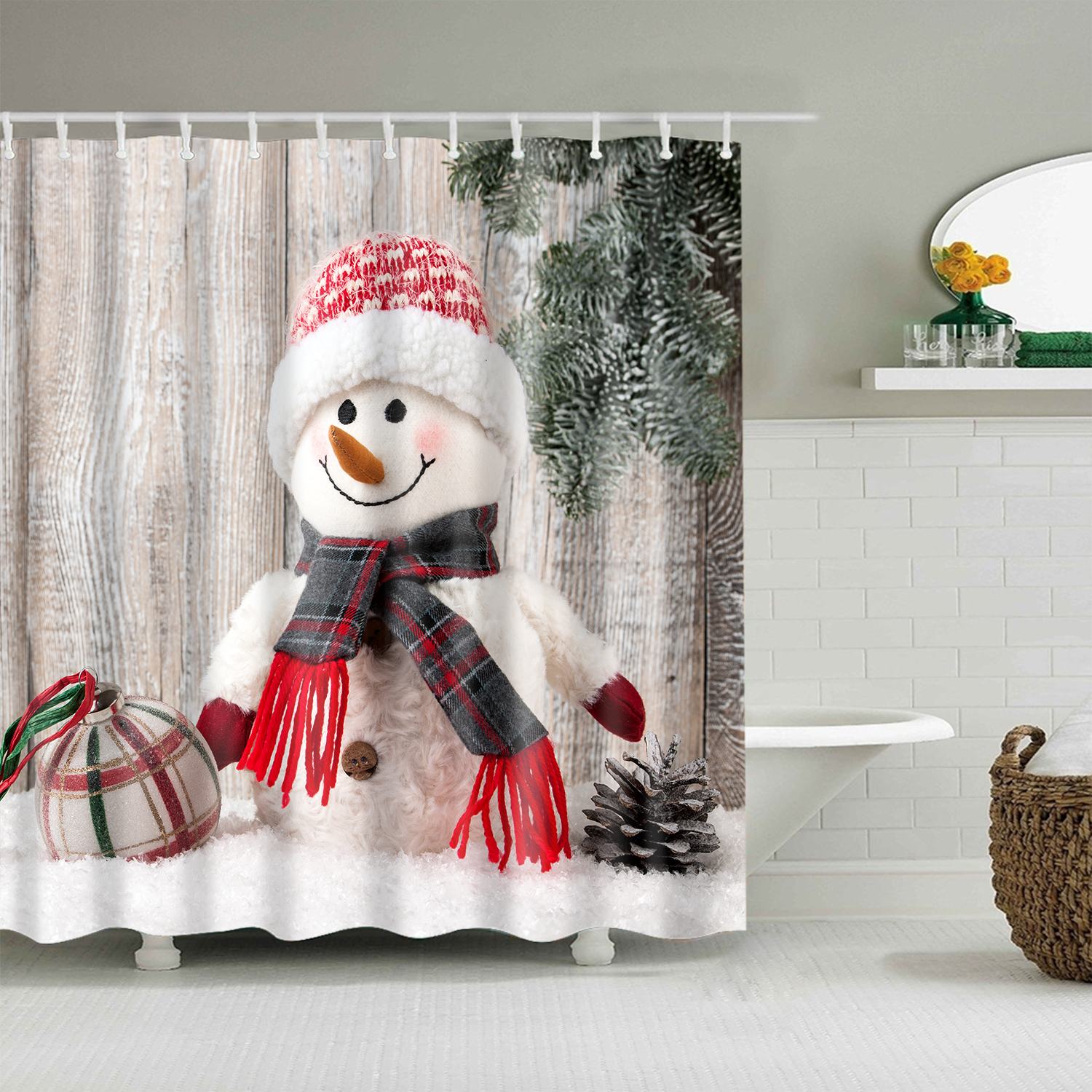 Christmas Shower Curtain Pine Forest Cute Snowman Gifts Kid Bathroom