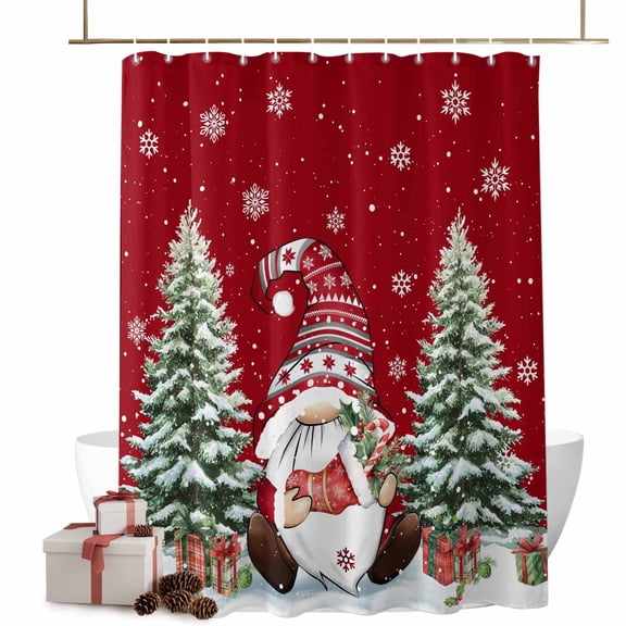 Christmas Shower Curtain Pine Tree Gnome Bathroom Curtains with Hooks, Waterproof Fabric Red Winter Snowflake Bath Shower Curtains Set for Bathroom Bathtubs Xmas Decor 72x72 Inch