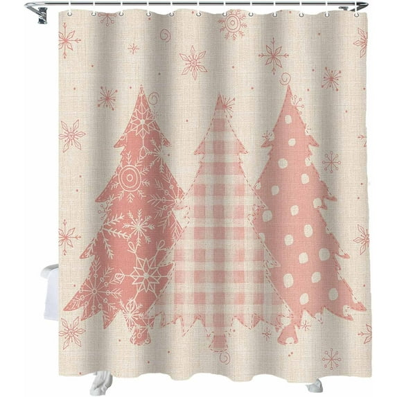 Christmas Shower Curtain Pink Christmas Tree Shower Curtains for Bathroom Decor Snowflake Vintage Christmas Decoration Bath Curtains Sets with Hooks Waterproof, 84x72 in