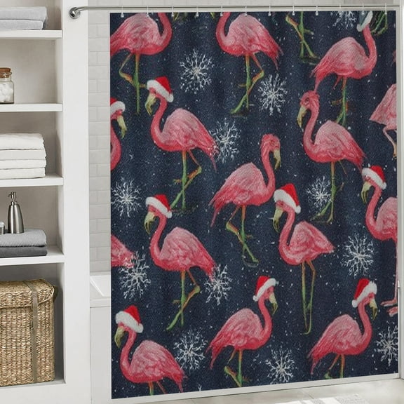Christmas Shower Curtain,Pink Flamingos Signs Christmas Curtain with Hooks for Home Bathroom Decor Washable Curtains, 72x72 in