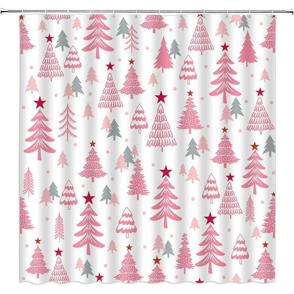 Christmas Shower Curtain Pink Xmas Tree Stars Rustic Farmhouse Cartoon Winter Holiday Merry Christmas 36x70(WxH) Inches Bathroom Decor Fabric Curtain with Hooks