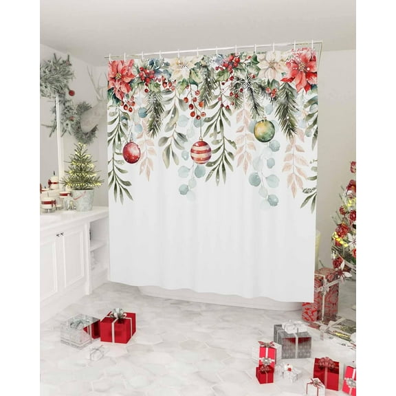 Christmas Shower Curtain Poinsettia Flower Eucalyptus Leaves Shower Curtains for Bathroom Decor Berry Snowflake Christmas Decoration Bath Curtains Sets with Hooks Waterproof, 84x72 in