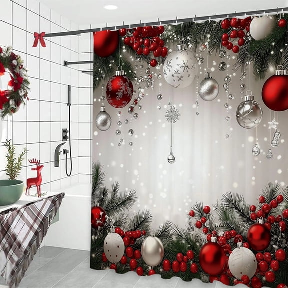Christmas Shower Curtain Polyester Waterproof 70x72 Inches Holiday Bathroom Decor with Snowman Christmas Tree Red Berries Festive Winter Shower Curtains Machine Washable