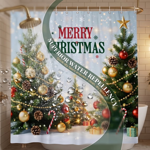 Christmas Shower Curtain Polyester Waterproof No Drill with Built In Hooks for Bathroom Shower Partition Decor Christmas Bathroom Decoration by MPOISVA