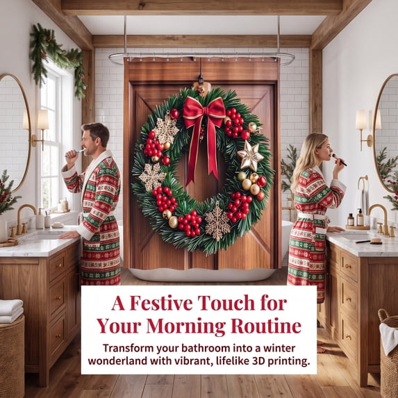 Christmas Shower Curtain Polyester Waterproof No Drill with Built In Hooks for Bathroom Shower Partition Decor Christmas Bathroom Decoration by MPOISVA