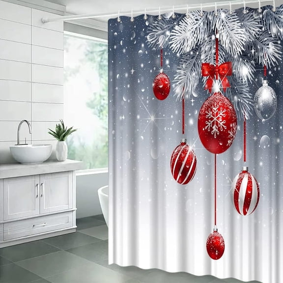 Christmas Shower Curtain Red Gray Xmas Ball Silver Pine Tree Branch Dreamy Winter Holiday Fabric Bathroom Decor Curtain with Hooks