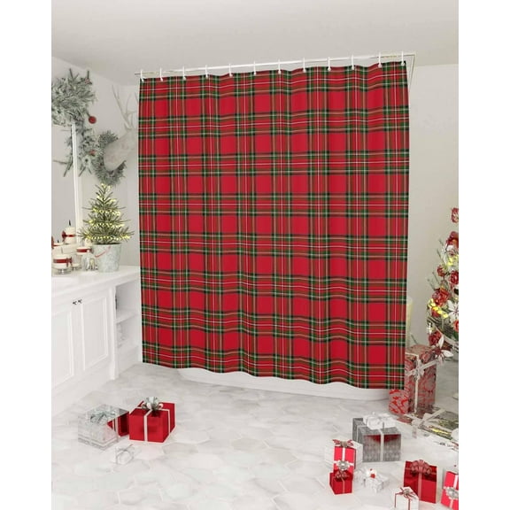 Christmas Shower Curtain Red Green Plaid Shower Curtains for Bathroom Decor Xmas Buffalo Checkered Christmas Decoration Bath Curtains Sets with Hooks Waterproof, 36x72 in