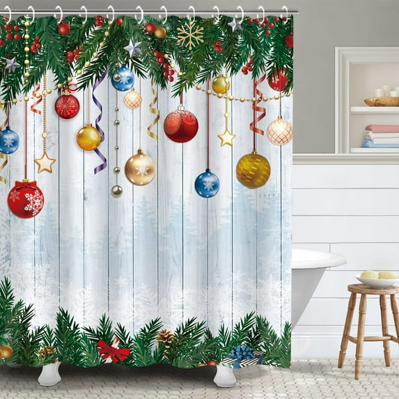 Christmas Shower Curtain Red and Green Shower Curtains for Bathroom Holiday Xmas Shower Curtain Set with Hooks Colorful Baubles Merry Christmas Bathroom Decor, 72" W x 72" H