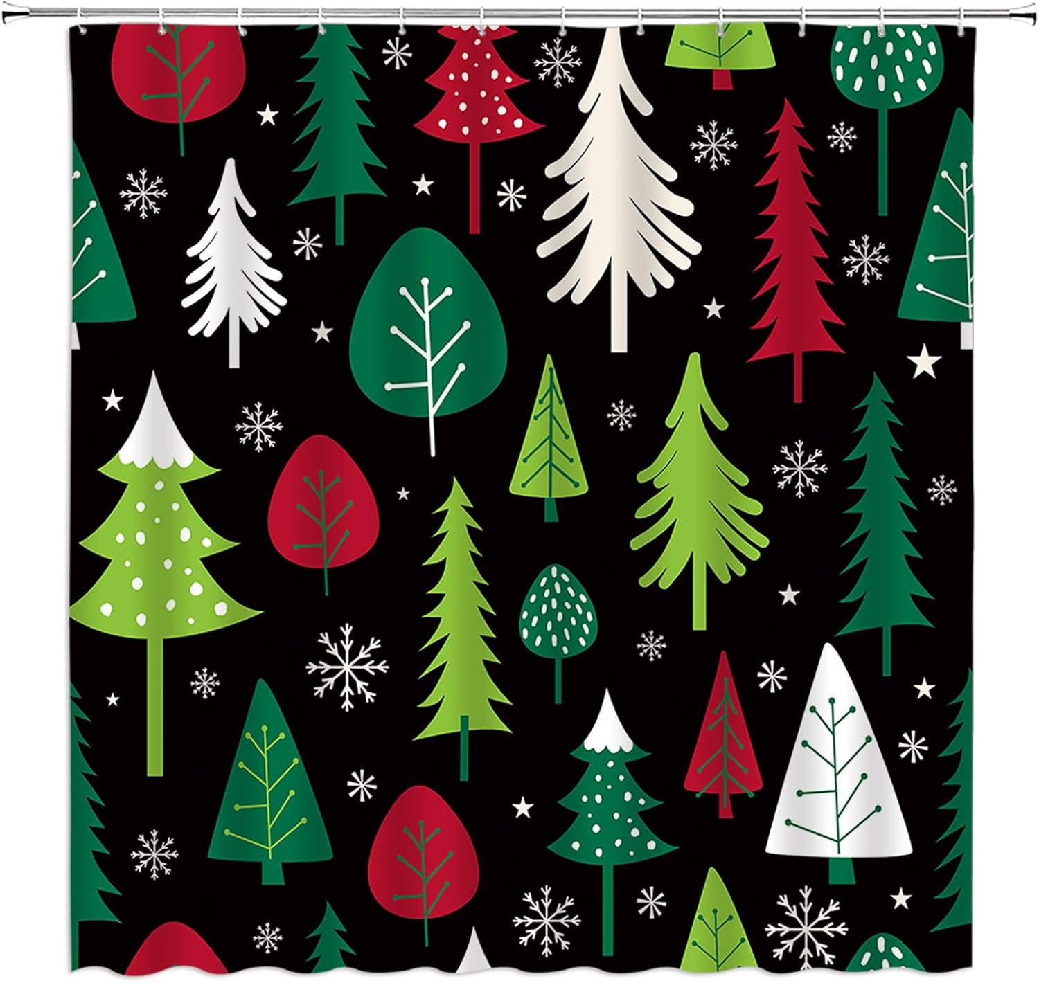 Christmas Shower Curtain Red Green White Xmas Tree Snowflake Retro