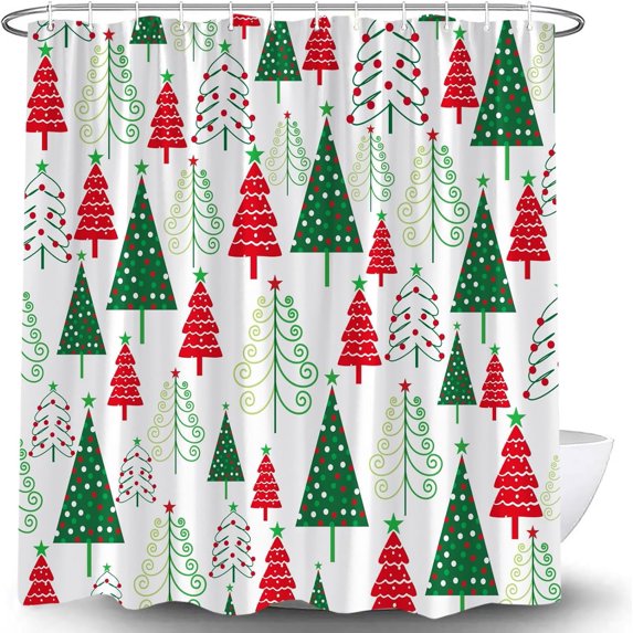 Christmas Shower Curtain Red Green Xmas Tree Star Polka Dots Cartoon Modern Geometric Pine Fir Simple Winter Holiday Happy New Year Bath Curtain with Hook
