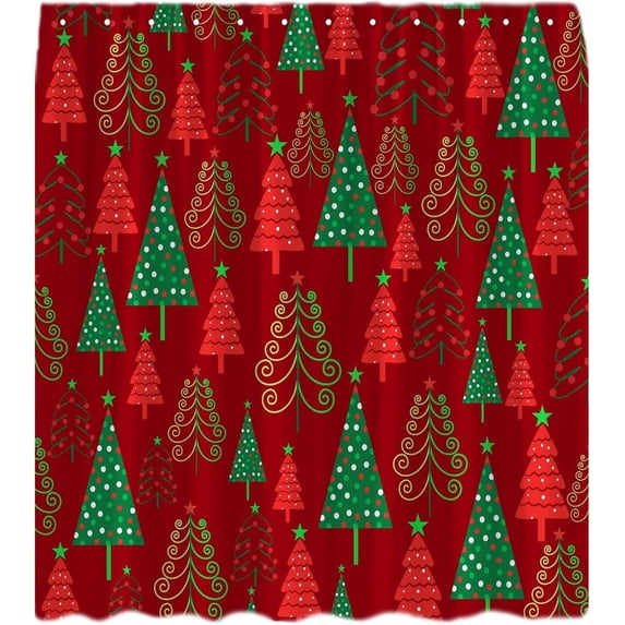 Christmas Shower Curtain Red Green Xmas Tree Star Polka Dots Cartoon Modern Geometric Pine Fir Simple Winter Holiday Happy New Year Bath Curtain with Hook
