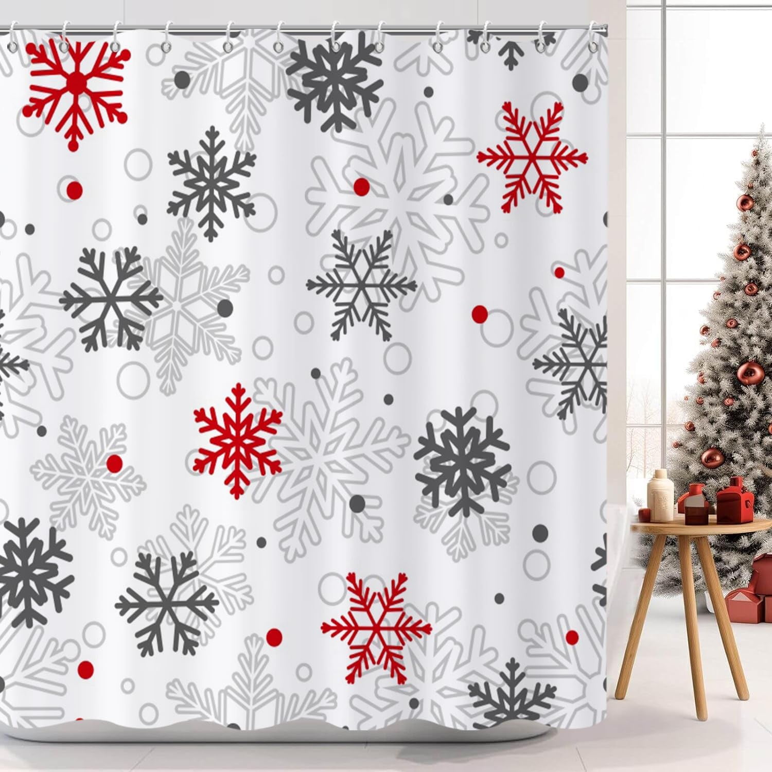 Christmas Shower Curtain, Red and Grey Xmas Snowflake White Background Winter New Year Holiday Bathroom Curtain Waterproof Fabric Machine Washable with Hooks, 72" Wx84 L