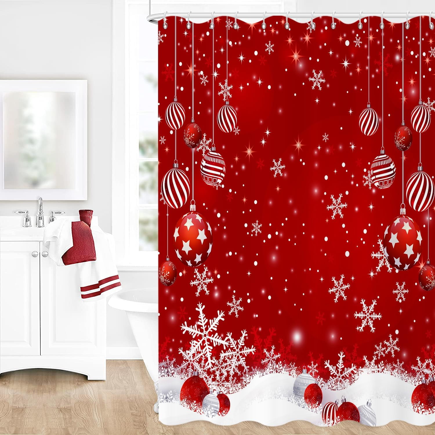 Christmas Shower Curtain, Red Merry Xmas Glitter Sparkle Bokeh ...