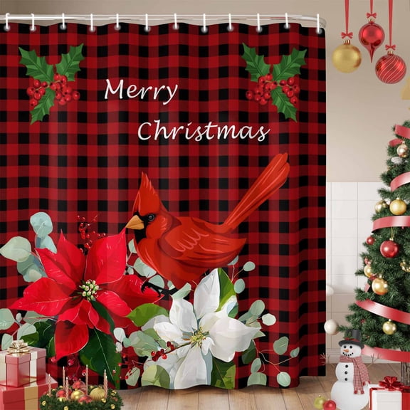 Christmas Shower Curtain, Red Plaid Xmas Birds Berry Botanical Waterproof Fabric Shower Curtains with 12 Hooks, Bathroom Curtain Set for Bathroom Accessories Decor, 72 x 78 Inches