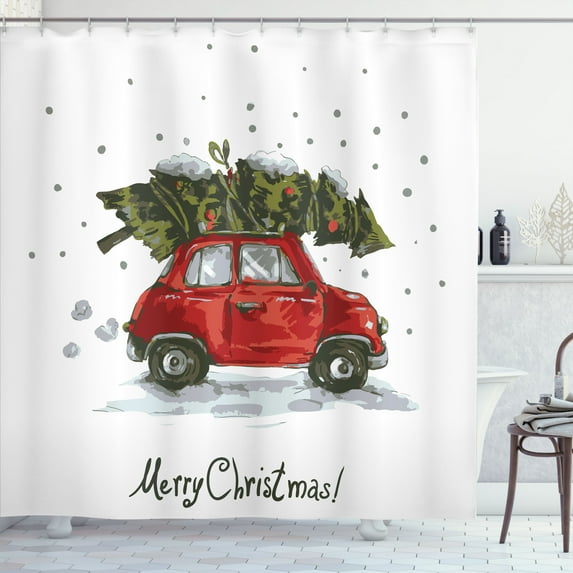 Christmas Shower Curtain, Red Retro Style Car Xmas Tree Vintage Family Style Illustration Snowy Winter Art, Fabric Bathroom Set with Hooks, 69W X 75L Inches Long, Red Green, by Ambesonne