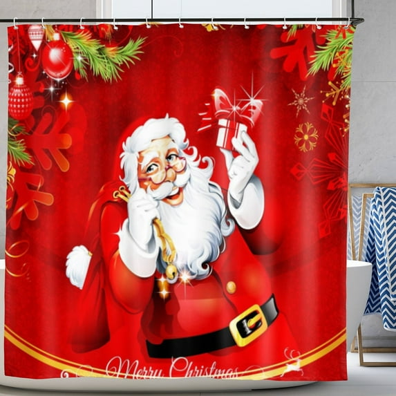 Christmas Shower Curtain Red Santa Claus Bath Curtain Bathroom Accessories with Art Christmas Printed 72 x72 in