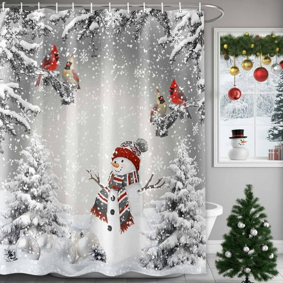 Christmas Shower Curtain Red Snowman Shower Curtains for Bathroom Winter Holiday Xmas Decor, Waterproof Polyester Shower Curtain Set with Hooks, Extra Long 72" x 78" Christmas Tree Cardinals