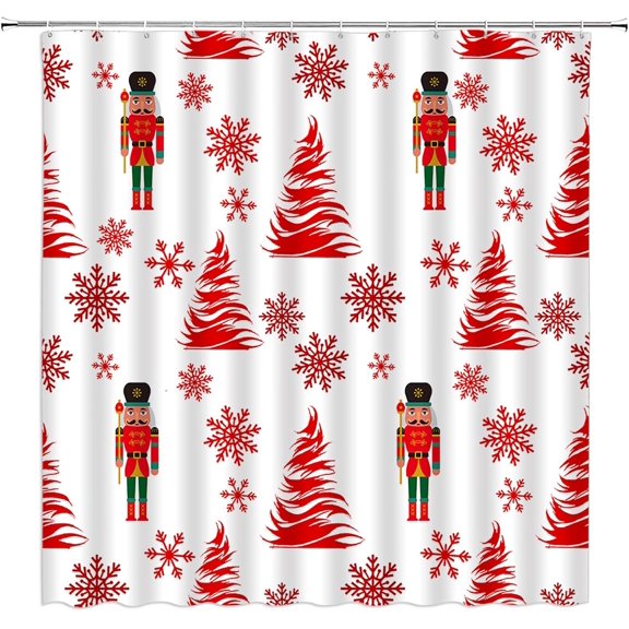 Christmas Shower Curtain Red Tree Snowflake Nutcracker Winter Holiday Festival Teens Abstract Bathroom Home Curtain with Hooks,70" Wx70 H