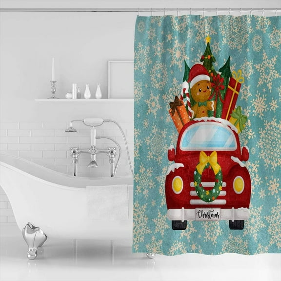 Christmas Shower Curtain Red Truck With Gingerbread Man Xmas Tree Christmas Shower Curtains for Bathroom Decor Snowflake Blue For Christmas Decoration Bath Curtains Sets with Hooks Extra Long 84"x72"