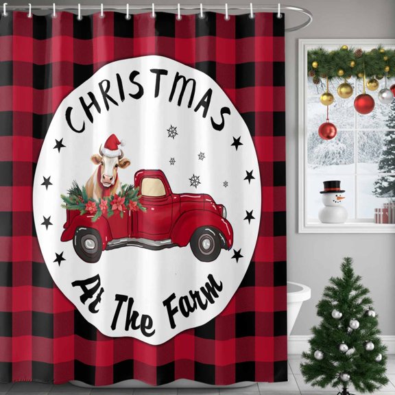 Christmas Shower Curtain Red Truck Shower Curtains for Bathroom Winter Holiday Xmas Decor, Waterproof Shower Curtain Set with Hooks, Small Stall Long 36" x 72" Red Plaid Christmas Poinsettia