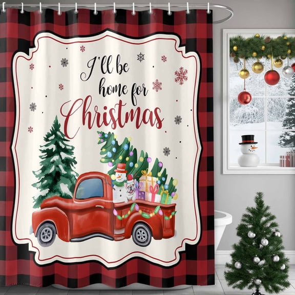 Christmas Shower Curtain Red Truck Shower Curtains for Bathroom Winter Xmas Decor, Waterproof Polyester Shower Curtain Set with Hooks Small Stall Long 36" x 72" Christmas Tree Snowman Snowflake