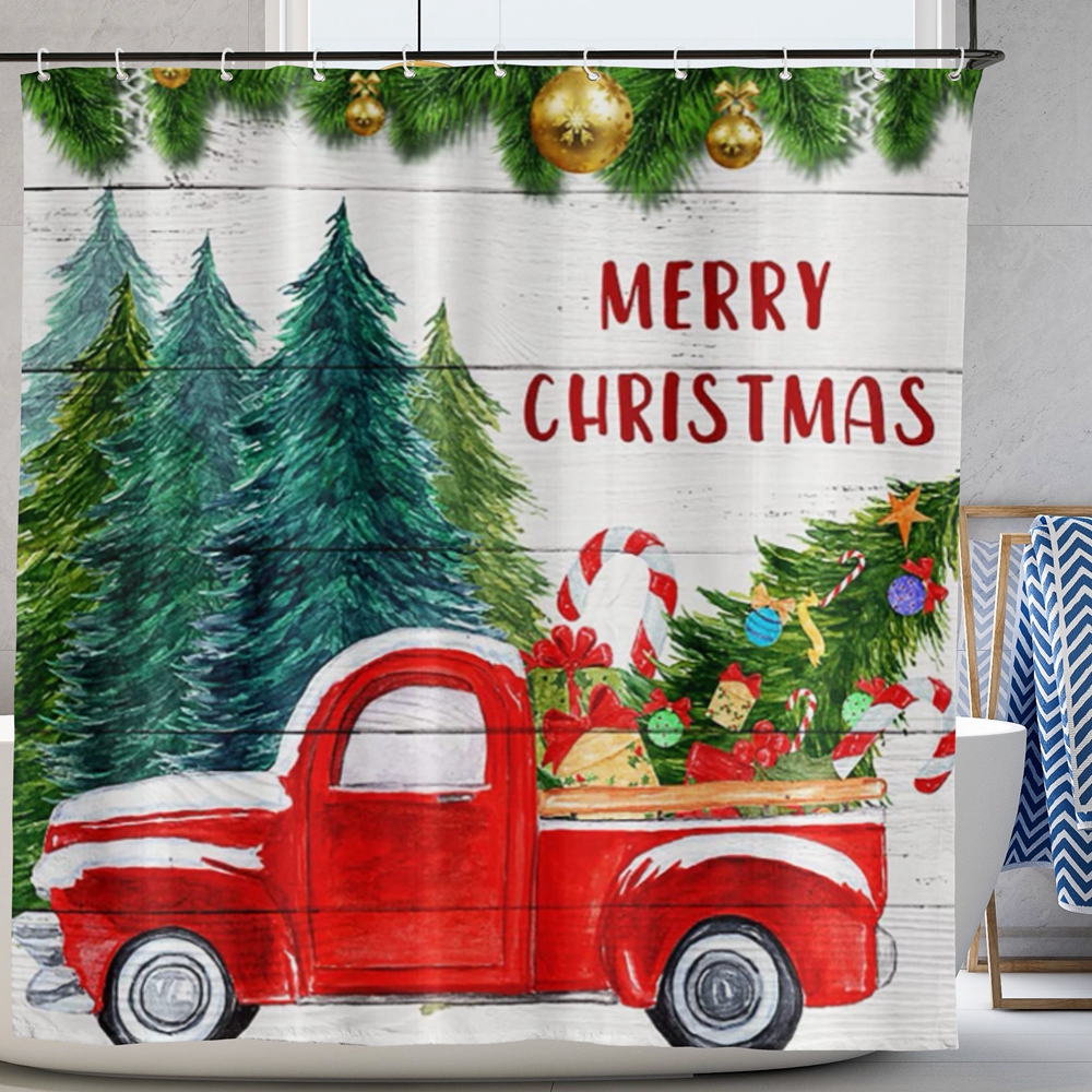 Christmas Shower Curtain 72x72 - Red Truck & Snowflake Design, Waterproof Polyester - Festive Bathroom Decor With Hooks - View #7