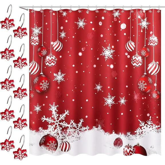 Christmas Shower Curtain Red Winter Xmas Holiday Shower Curtain Lightweight Waterproof Christmas Curtain for Bathroom Bathtub Decor Accessories with 12 with 12 Snowflake Hooks,72 x 72 Inch