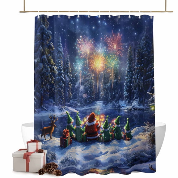 Christmas Shower Curtain Santa Claus Elf Bathroom Curtains with Hooks, Waterproof Fabric Snow Forest Fireworks Bath Shower Curtains Set for Bathroom Bathtubs Xmas Decor 72x72 Inch