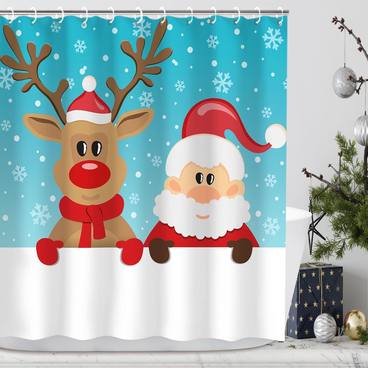 Christmas Shower Curtain, Santa Claus and Reindeer Pattern Shower Curtain Set with 12 Hooks ...