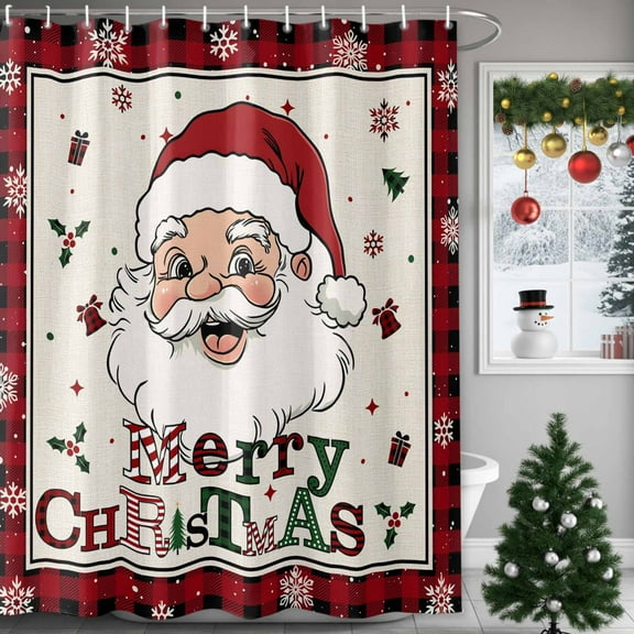 Christmas Shower Curtain Santa Claus Shower Curtains for Bathroom Winter Holiday Xmas Decor, Waterproof Shower Curtain Set with Hooks, Stall Long 54"x78" Merry Christmas Snowflake Red Plaid