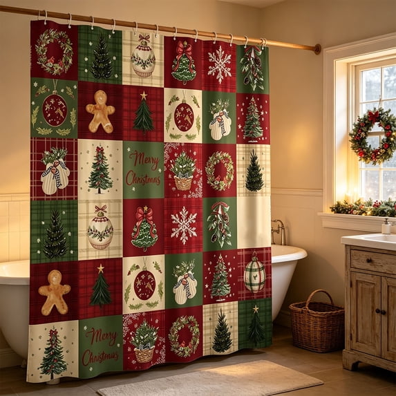 Christmas Shower Curtain Set, 70.9 x 59.1 Inch Waterproof Fabric Curtain with Hooks for Holiday Bathroom Decor and Home Bath Accessories A