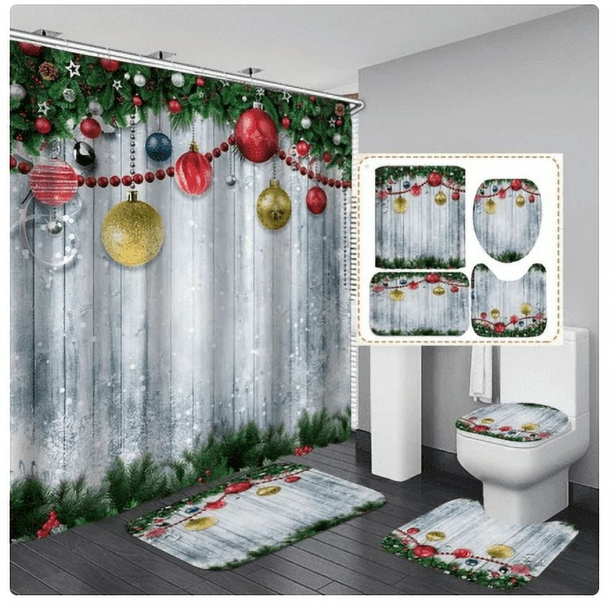 Christmas Shower Curtain Set Christmas Bathroom Decorations Set 4 Pcs