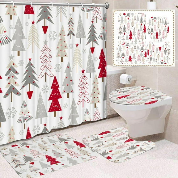 Christmas Shower Curtain Set Holiday Bathroom Decor with Toilet Lid Cover and Bath Mat Non-Slip Waterproof Polyester Fabric for Home Bathroom Decorations Modern Housewarming Gift