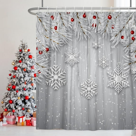 Christmas Shower Curtain Set with Hooks Sliver Grey X-mas Trees Shower Curtain for Bathroom 72x84inches Snowflakes Wood Stripe Waterproof Fabric Shower Curtains