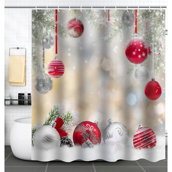 Christmas Shower Curtain Set, Red and White Balls on Pine Tree Xmas New Year Shower Curtains for Holiday Bathroom Decor, Cute Waterproof Fabric Shower Curtain 72" W x 72" L with Hooks