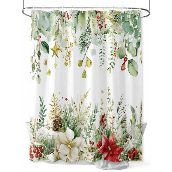 Christmas Shower Curtain Set ,Waterproof Fabric Shower Curtains Winter Green Eucalyptus Leaves Red Flowers Pine Cone Shower Curtains for Bathroom,Bathroom Decor 48"x72"
