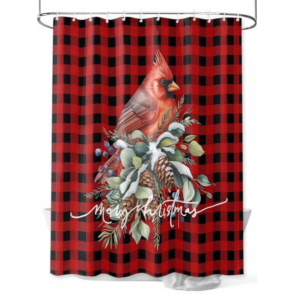 Christmas Shower Curtain Set, Waterproof Shower Curtains for Bathroom, Cardinal Pine Cone Branches Black Red Plaid Washable Fabric Cloth Bath Curtain for Bathtub Decoration with Hooks 48x72 Inches